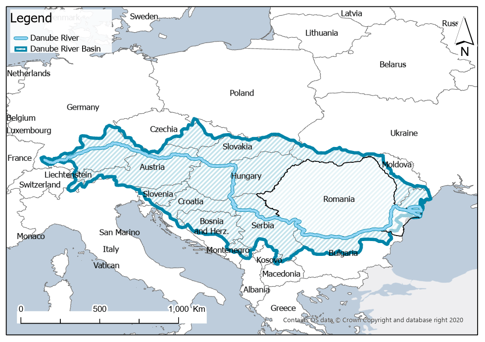 Map of the Danube river basin in Europe.