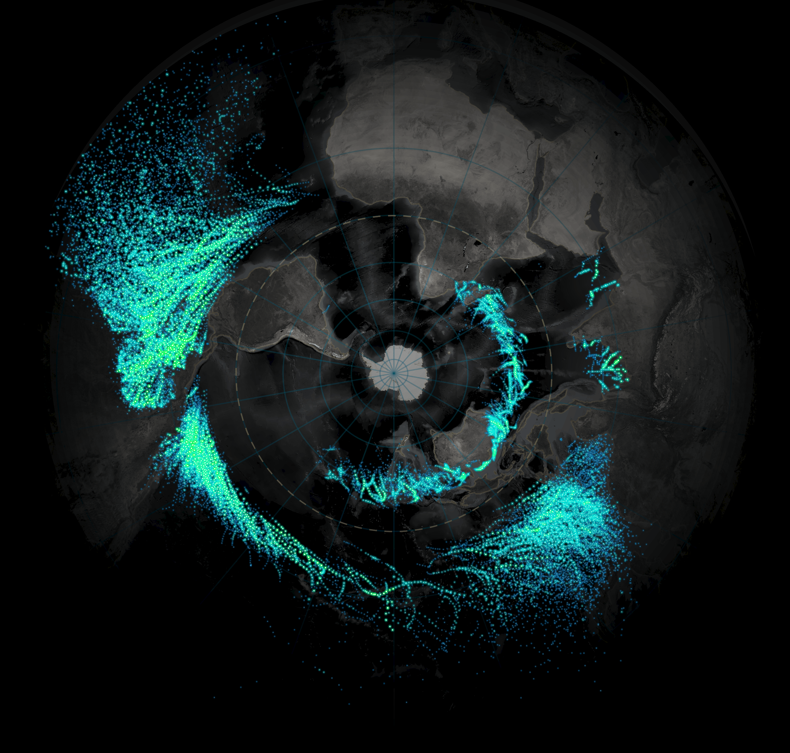 Map of hurricanes and tropical storms using a stereographic South Pole projection.