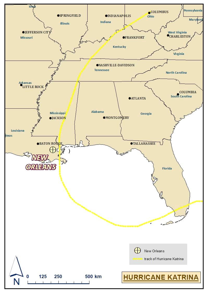 Map of Hurricane Katrina track near New Orleans.