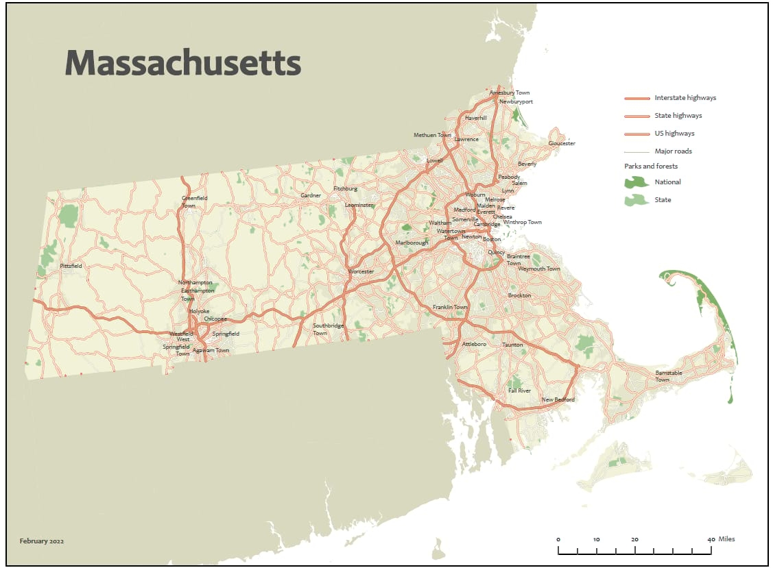 State map of Massachusetts showing infrastructure, parks and forests.
