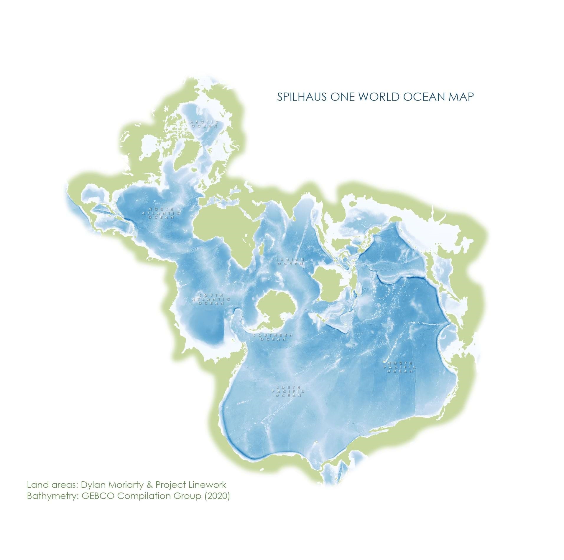 Map of world oceans using the Spilhaus projection.